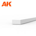 AK6520 styrene strip on white: a white plastic length with a shallow rectangular end face, twice as wide as it is deep