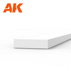 AK6522 styrene strip on white: a flat white plastic bar seen end-on, its face four times the depth