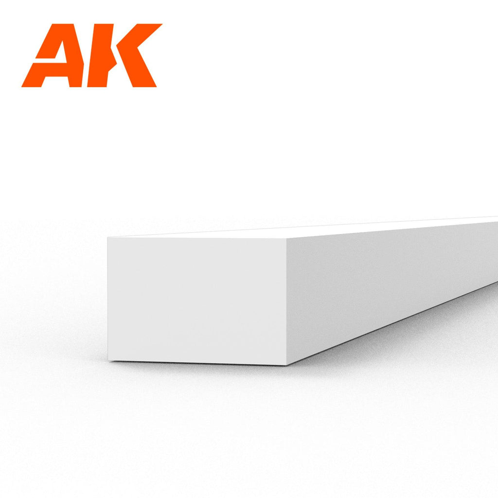 AK6530 styrene strip end-on: a white plastic bar, its end face half again as wide as it is thick