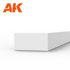 AK6531 styrene strip end-on: a flat white plastic bar, its end face twice as wide as it is thick
