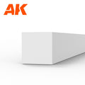 AK6533 styrene strip end-on: a white plastic bar with a square 3 mm end face, running back from the camera