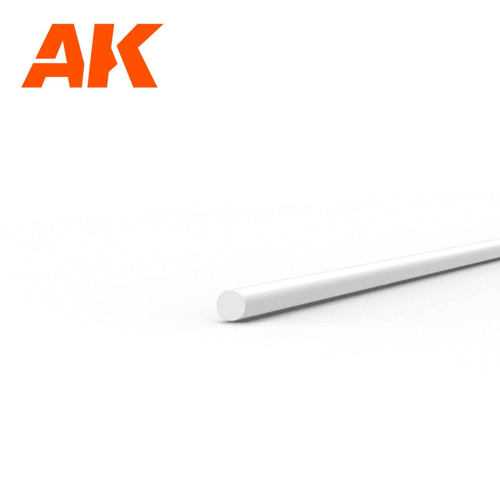 AK6536 styrene rod seen end-on: one white plastic rod, 0.5 mm in diameter, its length receding to the right
