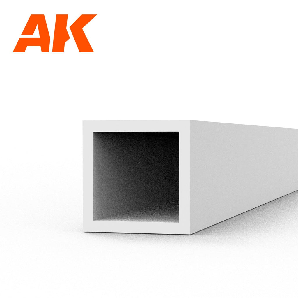 AK6547 styrene square hollow tube seen end-on: white plastic tube, 3.0 mm across the section, 350 mm long