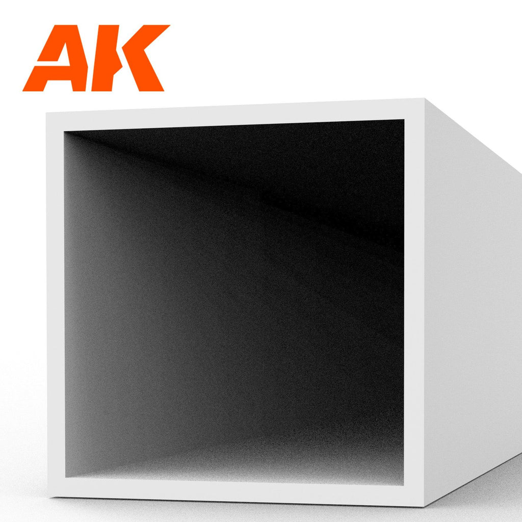AK6550 styrene square hollow tube seen end-on: white plastic tube, 6.0 mm across the section, 350 mm long