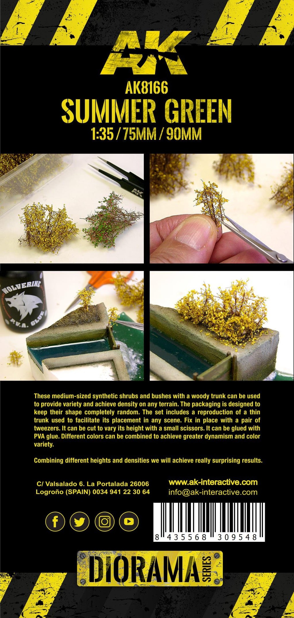 Back of the AK8166 blister card: 1:35 / 75mm / 90mm header, four how-to photos and the printed description