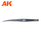 The AK9162 tweezers laid flat: arms ending in a wide flat bent tip, AK logo mid-arm and AK9162 printed near the end