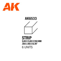 Ak Interactive Styrene Strips 3.00 X 3.00 X 350MM (6 pcs) AK6533 - Hobby Heaven