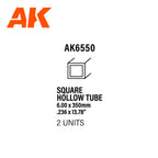 AK6550 spec card: SQUARE HOLLOW TUBE 6.00 x 350mm (.236 x 13.78 in), 2 units, with AK's square-tube diagram
