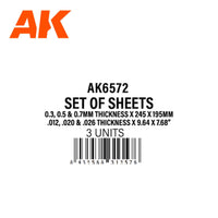 AK Interactive SET OF SHEETS 0.3, 0.5 & 0.7 mm 245x195mm STYRENE AK6572 - Hobby Heaven