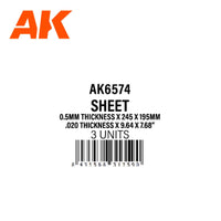 AK Interactive SHEET 0.5mm thickness x 245 x195mm x3units STYRENE AK6574 - Hobby Heaven