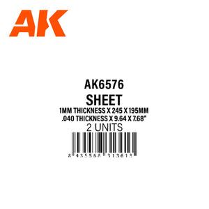 AK Interactive SHEET 1.0mm thickness x 245 x195mm x2units STYRENE AK6576 - Hobby Heaven