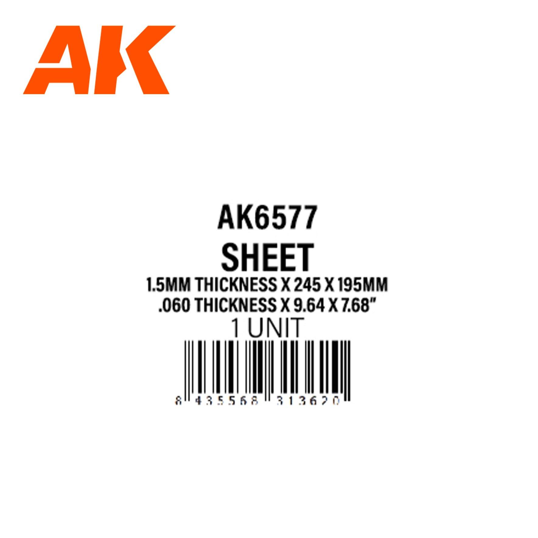 AK Interactive SHEET 1.5mm thickness x 245 x195mm x1units STYRENE AK6577 - Hobby Heaven