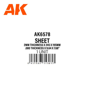 AK Interactive SHEET 2.0mm thickness x 245 x195mm x1units STYRENE AK6578 - Hobby Heaven
