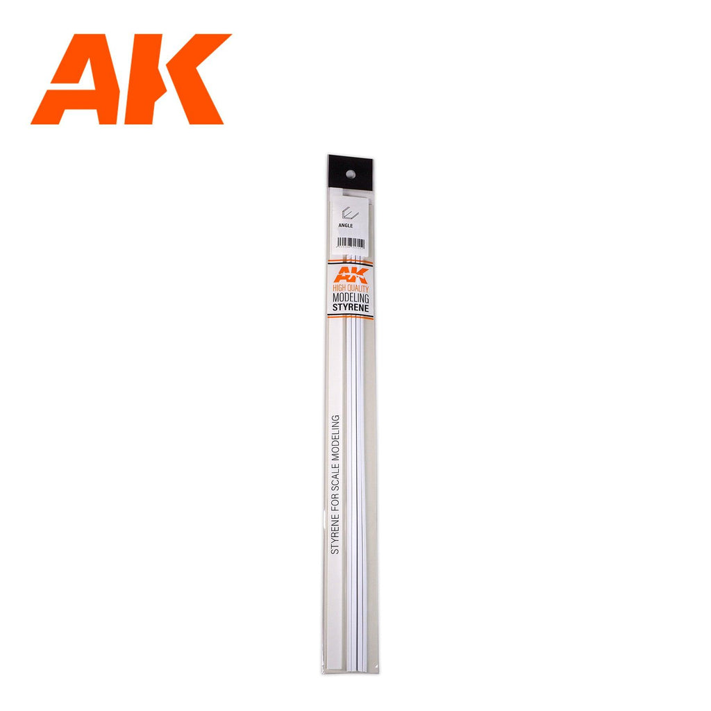 AK Modeling Styrene pack: sealed sleeve of white angle lengths, labelled Styrene for Scale Modeling