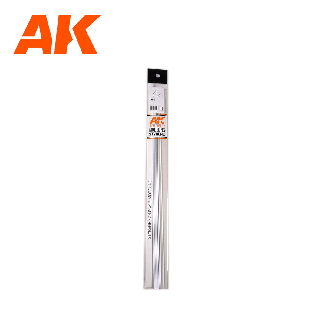 White styrene rods in AK's tall hanging pack, the ROD label and round-section icon on its header card