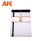AK's clear hanging sleeve of modelling styrene: its printed header card reads SHEET with the thickness line left blank