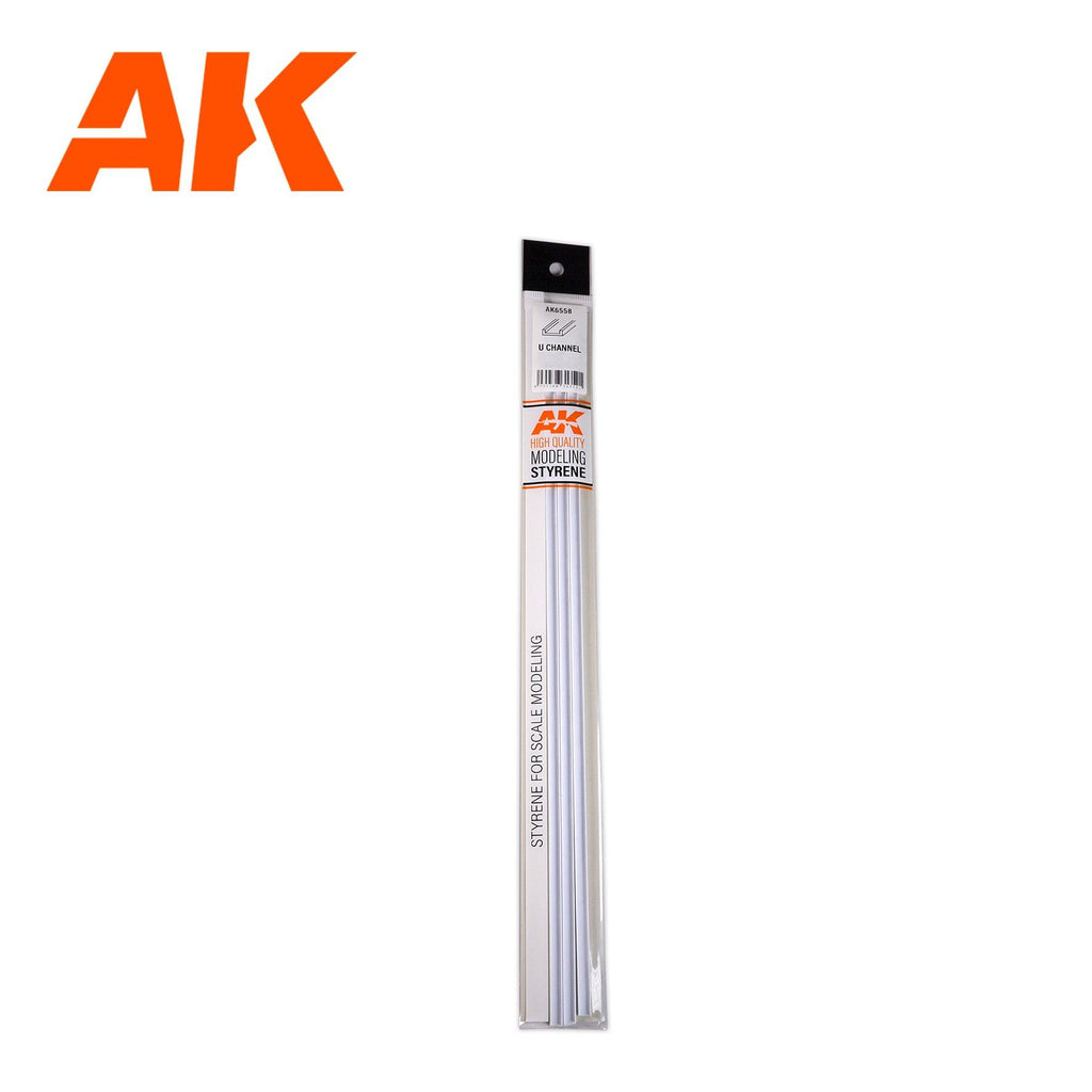 AK6558 packaging: three white U channel lengths in a sleeve whose header card reads AK6558 U CHANNEL
