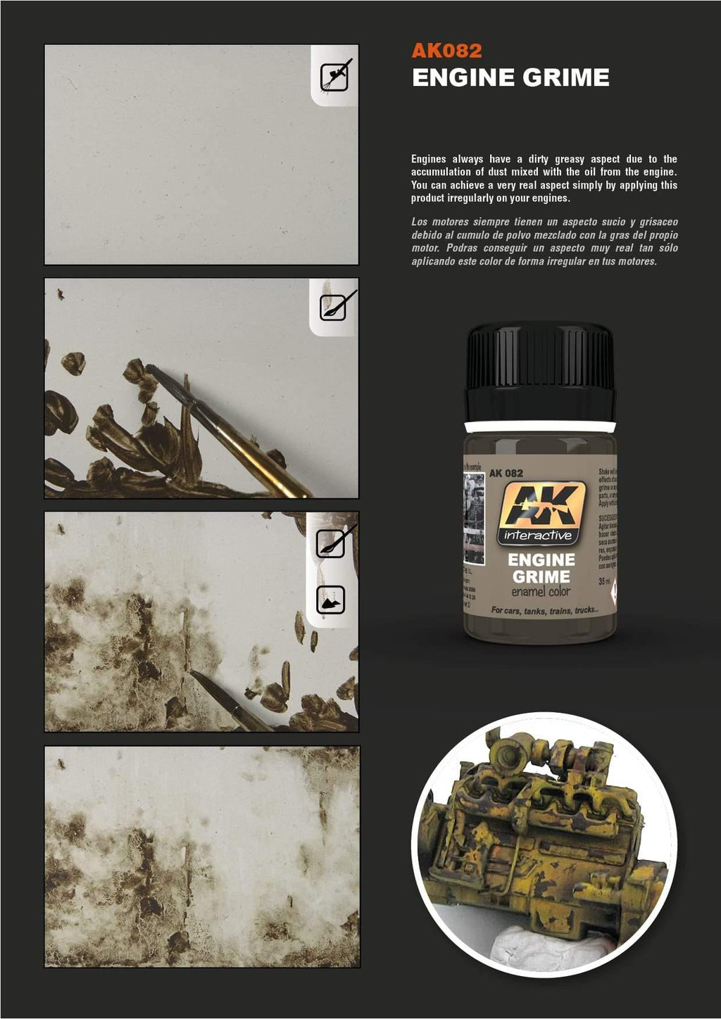 AK Interactive AK082 Engine Grime applied to a model engine for realistic weathering