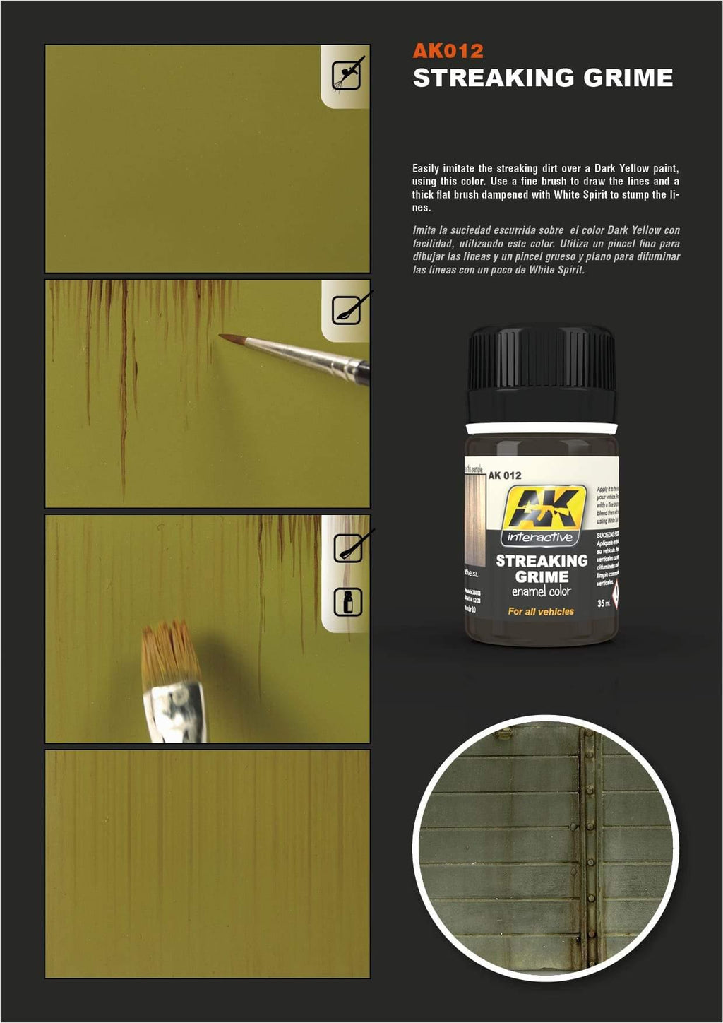 Close-up of weathering effects created with AK012 Streaking Grime on a dark yellow surface.