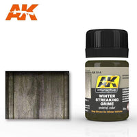 AK014 Winter Streaking Grime enamel paint bottle by AK Interactive for realistic weathering effects.
