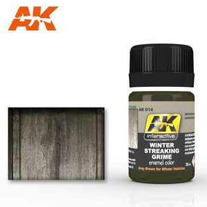 AK014 Winter Streaking Grime enamel paint bottle by AK Interactive for realistic weathering effects.