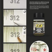 Application of AK014 Winter Streaking Grime on a scale model, simulating natural dirt streaks.