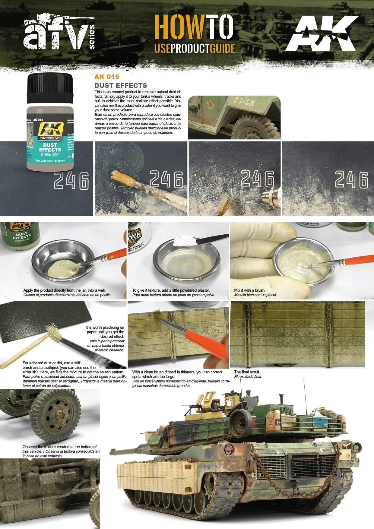 Application of AK015 Dust Effects on a model tank’s tracks and hull for a natural dust effect.