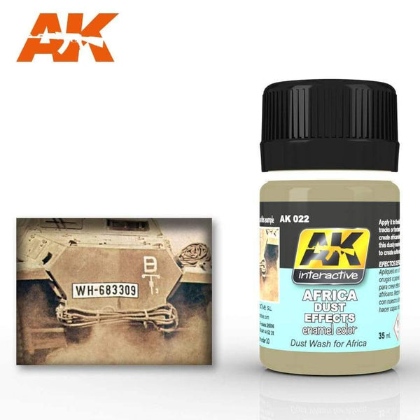 AK022 Africa Dust Effects enamel paint bottle by AK Interactive for creating realistic dust weathering on model vehicles.