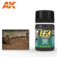 AK023 Dark Mud Effect enamel paint bottle by AK Interactive, designed for creating realistic dark mud and earth weathering effects on model vehicles.
