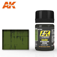 AK024 Dark Streaking Grime enamel paint bottle by AK Interactive, perfect for streaking effects on dark-colored vehicles and surfaces.
