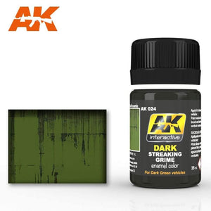 AK024 Dark Streaking Grime enamel paint bottle by AK Interactive, perfect for streaking effects on dark-colored vehicles and surfaces.