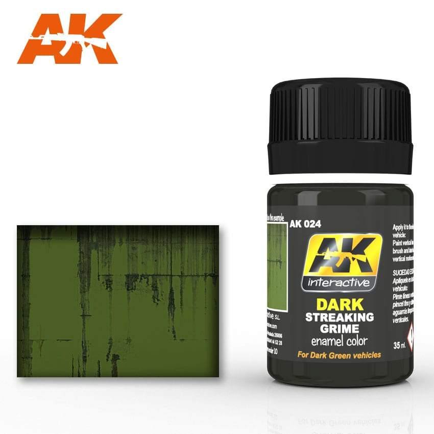 AK024 Dark Streaking Grime enamel paint bottle by AK Interactive, perfect for streaking effects on dark-colored vehicles and surfaces.