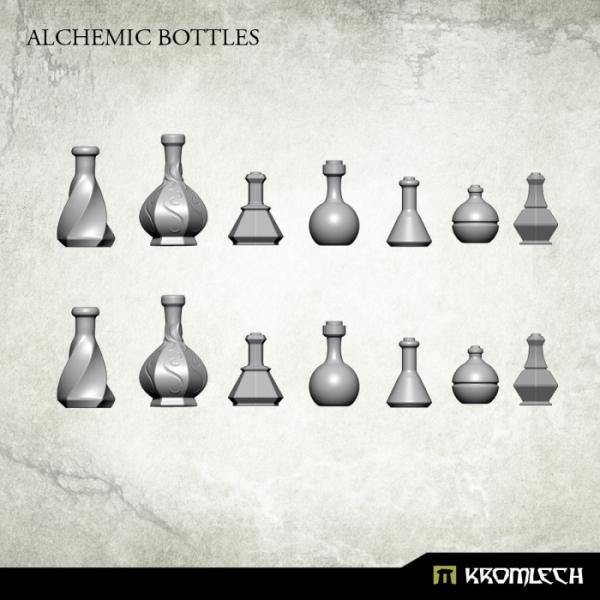 3D render of 14 Kromlech Alchemic Bottles showing 7 unique potion flask shapes in two rows