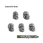 Rear view of five Kromlech Armoured Orc Head designs showing helmet back detail