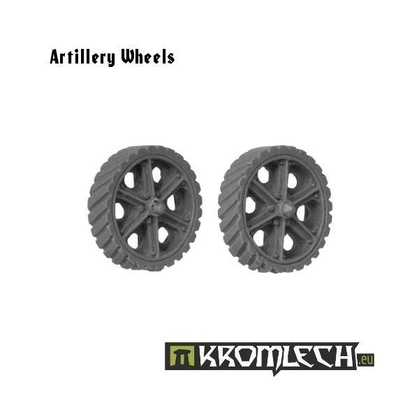 Resin sprue of Kromlech Artillery Wheels on cutting mat showing 4 wheel components