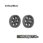 Resin sprue of Kromlech Artillery Wheels on cutting mat showing 4 wheel components