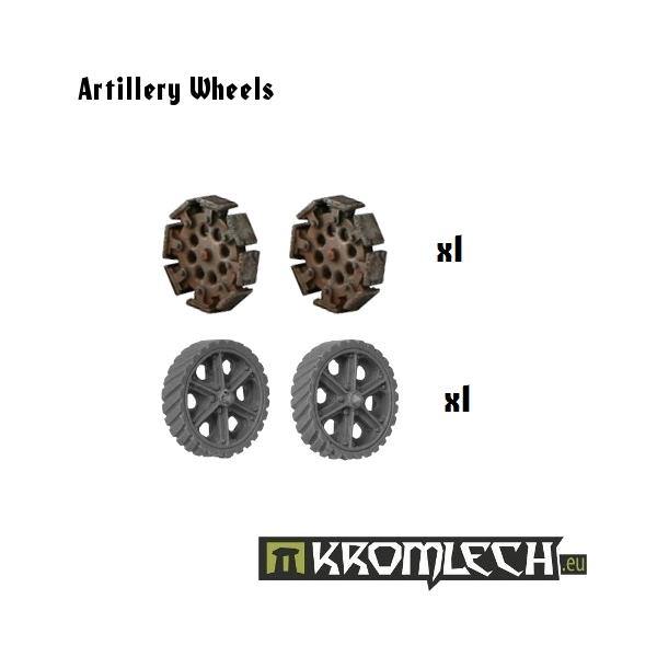 Kromlech Artillery Wheels showing 2 spiked metal wheels and 2 treaded rubber wheels with spoke detail