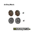 Kromlech Artillery Wheels showing 2 spiked metal wheels and 2 treaded rubber wheels with spoke detail