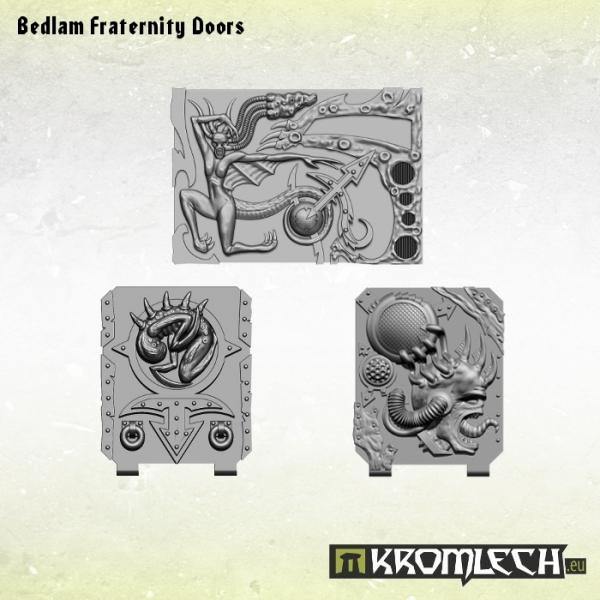 Kromlech Bedlam Fraternity Doors three resin decorated door plates front view showing relief detail