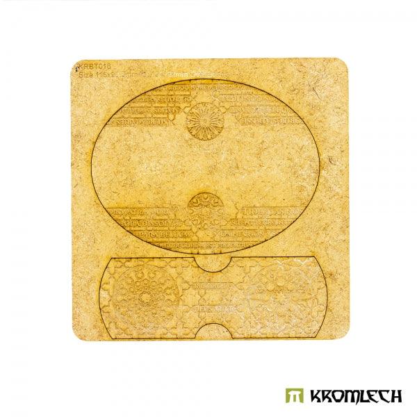 Kromlech KRBT016 HDF sprue sheet showing oval Cathedral base topper and half-section piece before removal