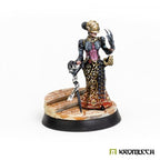 Painted miniature on a round base with Kromlech Cathedral topper applied and painted in sandstone tones
