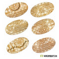 Six Kromlech KRBT019 Cathedral 90x52mm oval base toppers each with unique engraved gothic pattern on natural HDF