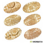 Six Kromlech KRBT019 Cathedral 90x52mm oval base toppers each with unique engraved gothic pattern on natural HDF