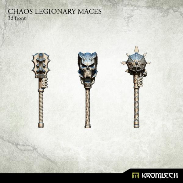 3D render of 3 Kromlech Chaos Legionary Maces showing alternate angle of weapon heads