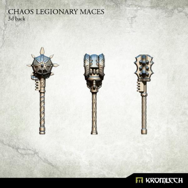 3D render of 3 Kromlech Chaos Legionary Maces showing front view of resin two-handed weapons in 3 unique patterns