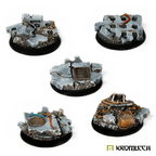 Five painted Kromlech KRRB013 32mm round bases with concrete slab terrain showing drain covers, cables and urban rubble