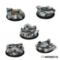 Five painted Kromlech KRRB014 32mm round bases with broken concrete, ventilation grate, pipes and rubble detail