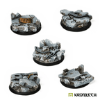 Five painted Kromlech KRRB014 32mm round bases with broken concrete, ventilation grate, pipes and rubble detail