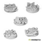 Five Kromlech KRRB014 32mm concrete slab bases in unpainted grey resin with cracked concrete and pipe detail