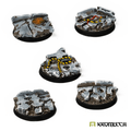 Five painted Kromlech KRRB050 32mm round bases with broken concrete, drain cover and hazard-stripe cables